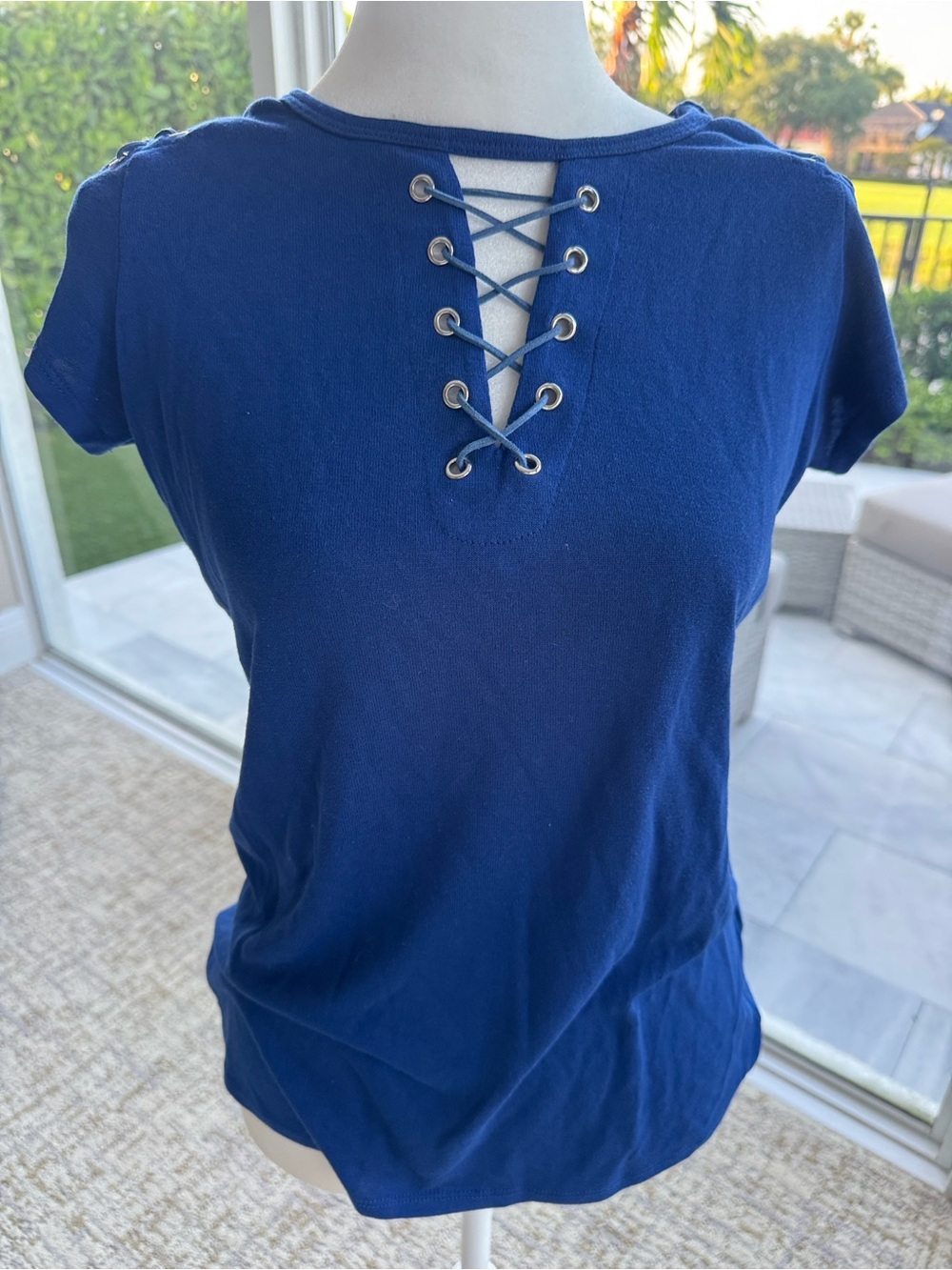 Tribal Navy Lace-Up Short Sleeve Top